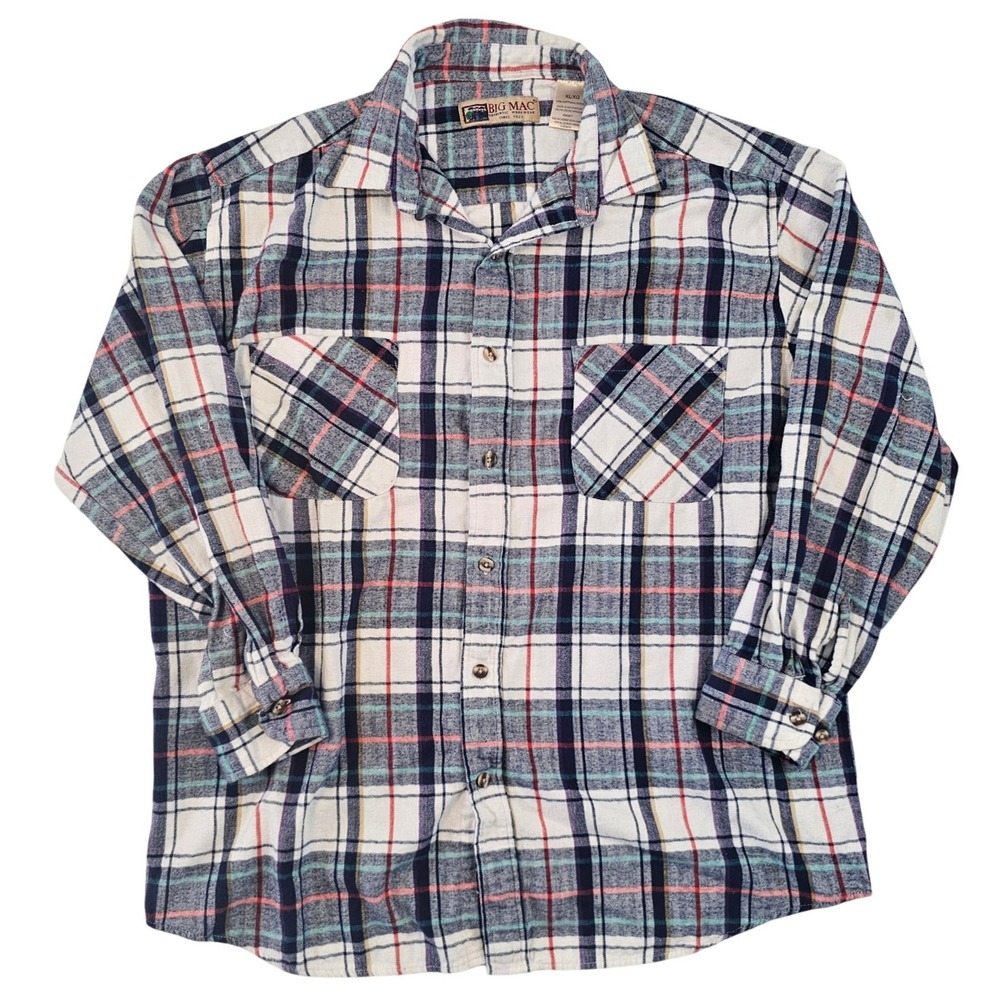 Big Mac Mens XL Plaid Flannel Shirt Long Sleeve Cotton Workwear Button Down Navy